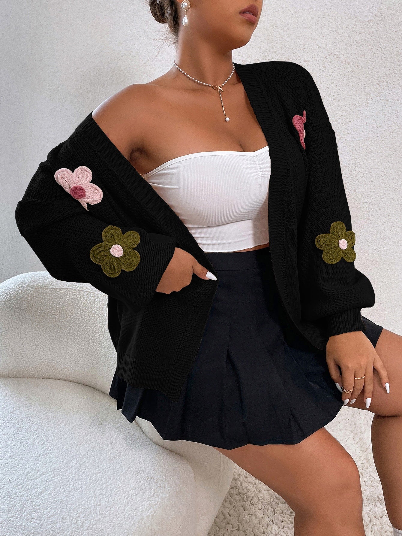 Plus Floral Patched Drop Shoulder Duster Cardigan