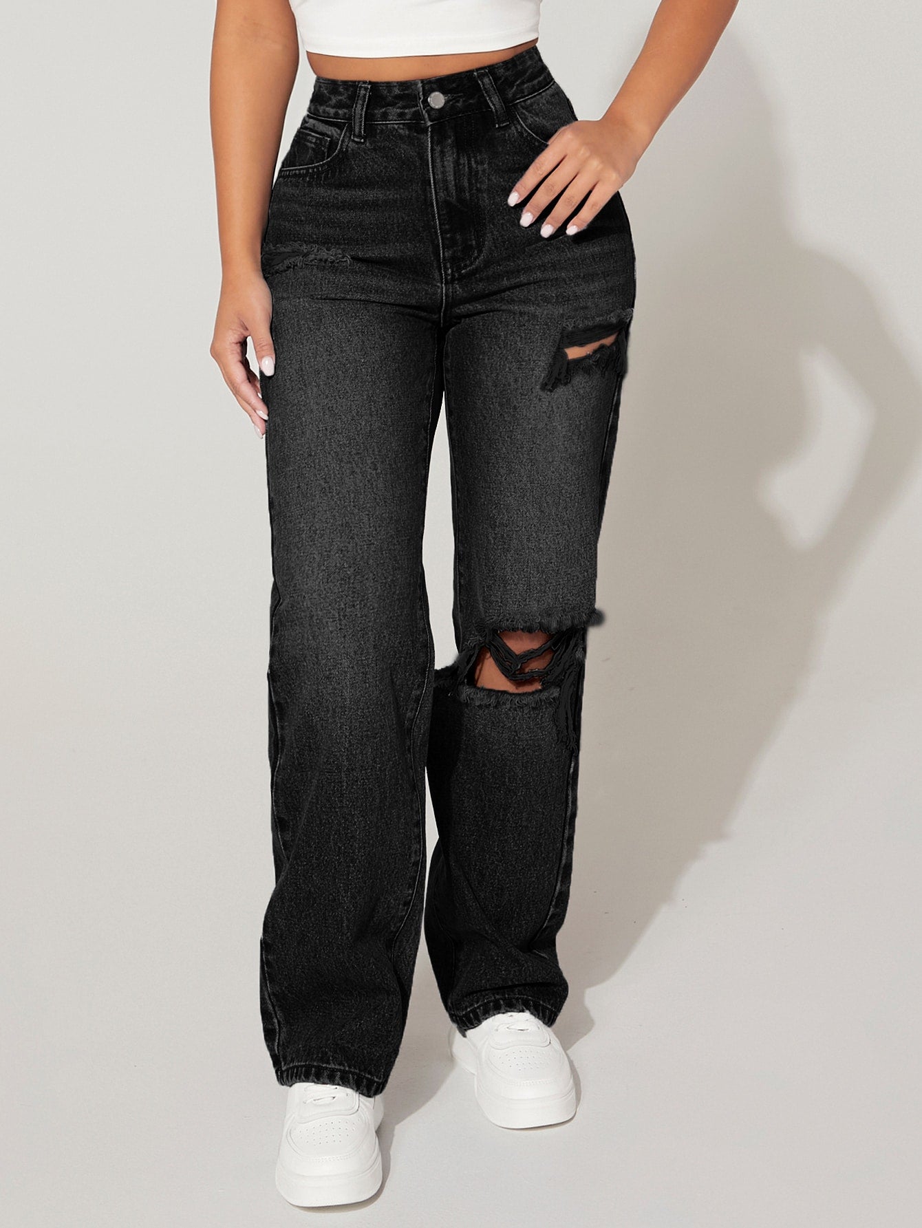 High Waist Cut Out Ripped Frayed Straight Leg Jeans