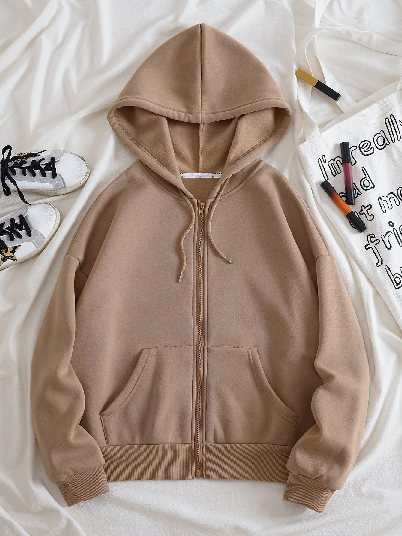 Zip Up Drop Shoulder Drawstring Thermal Lined Hoodie