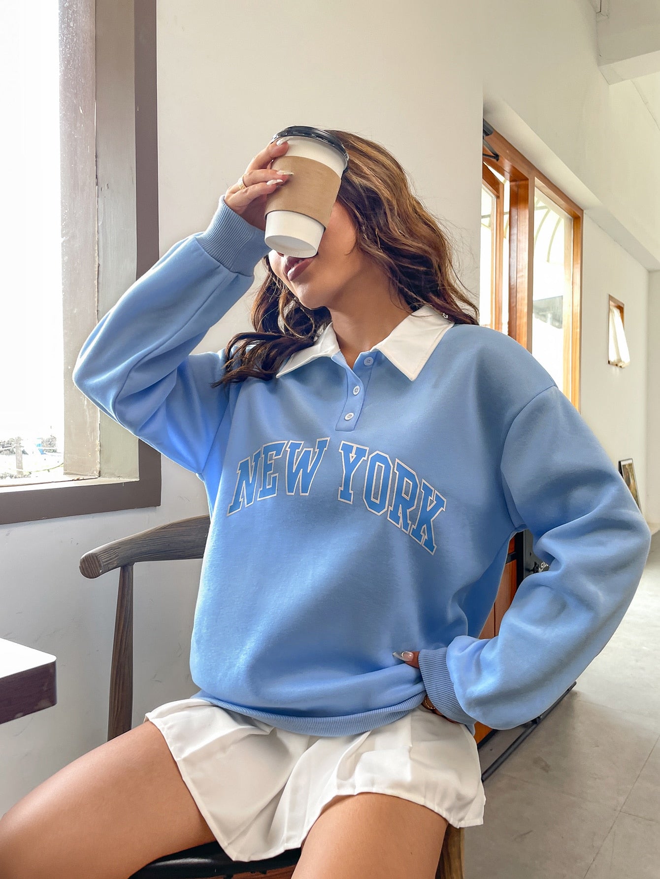 Polo Collar Drop Shoulder Letter Graphic Pullover