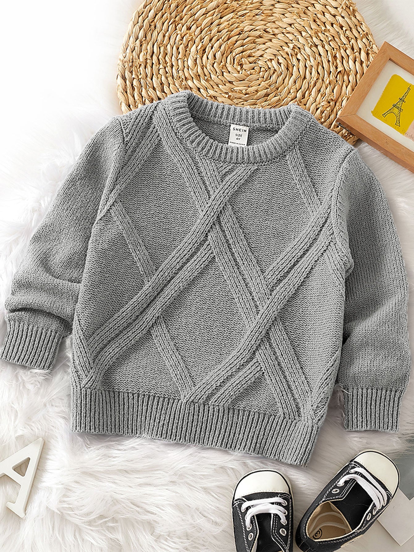 Young Boy Solid Textured Knit Sweater