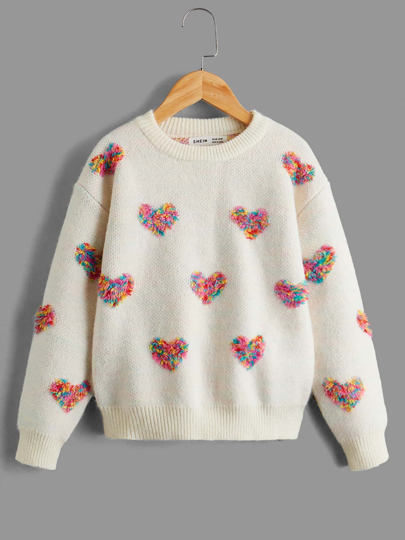 Tween Girl Heart Pattern Drop Shoulder Sweater