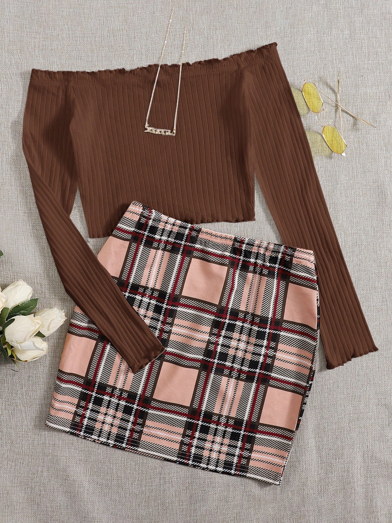 Off Shoulder Lettuce Edge Tee And Tartan Two Piece Skirt Set