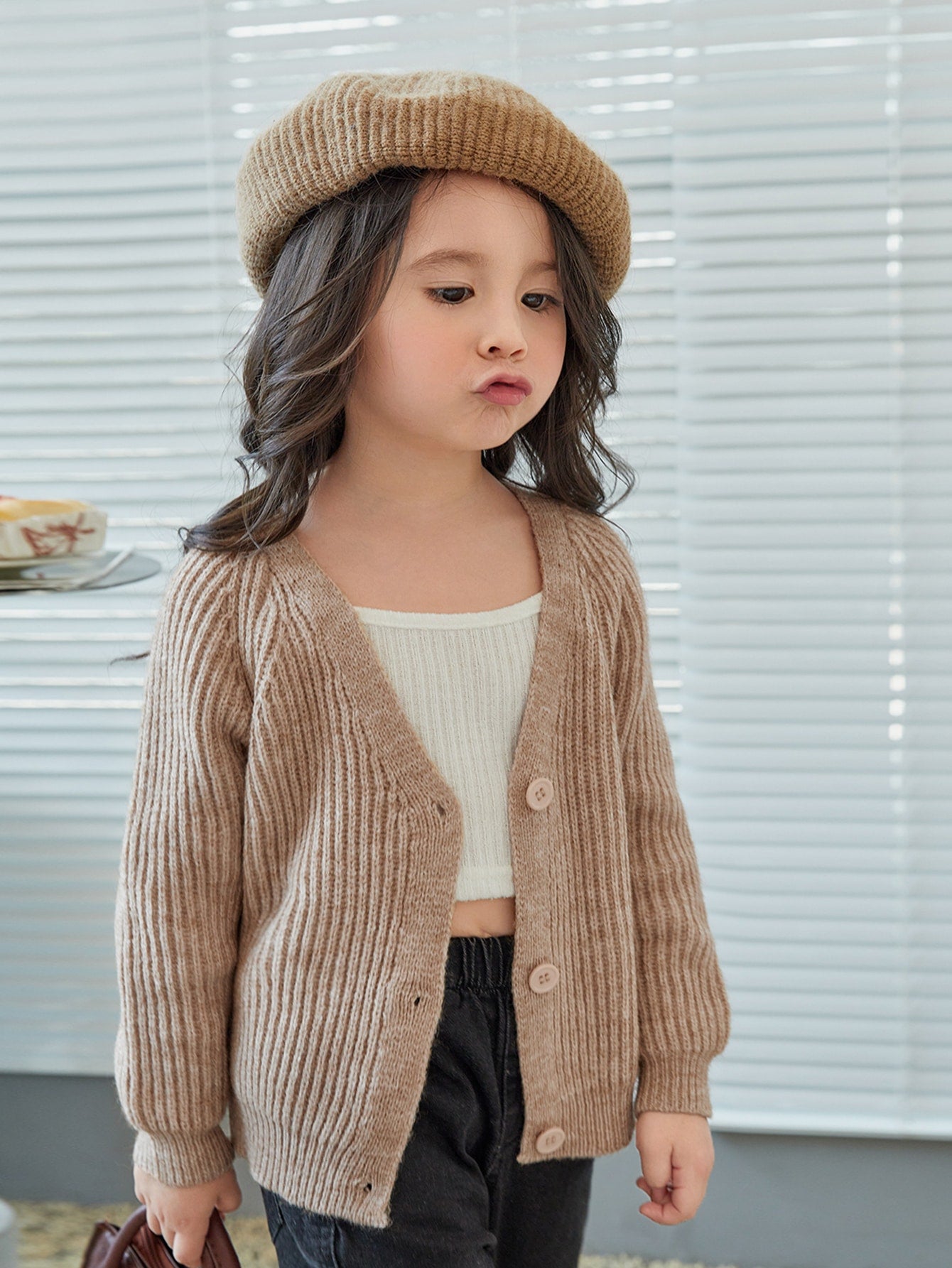 Young Girl Casual And Comfortable Long Sleeve Cardigan With Shoulder Button And Front Button Closure