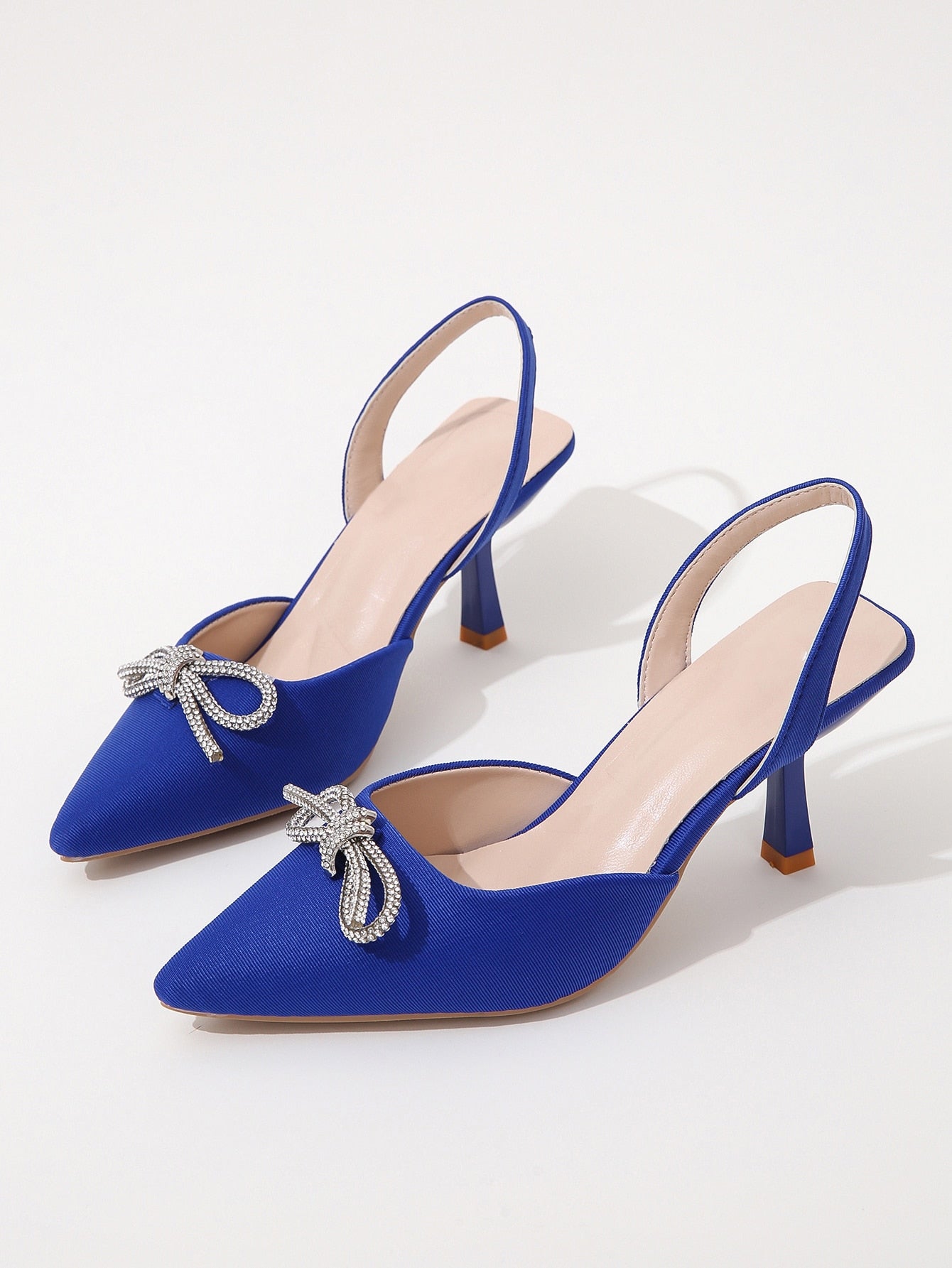 Women Rhinestone & Bow Decor Pumps, Fabric Point Toe Fashionable Slingback Pumps For Outdoor