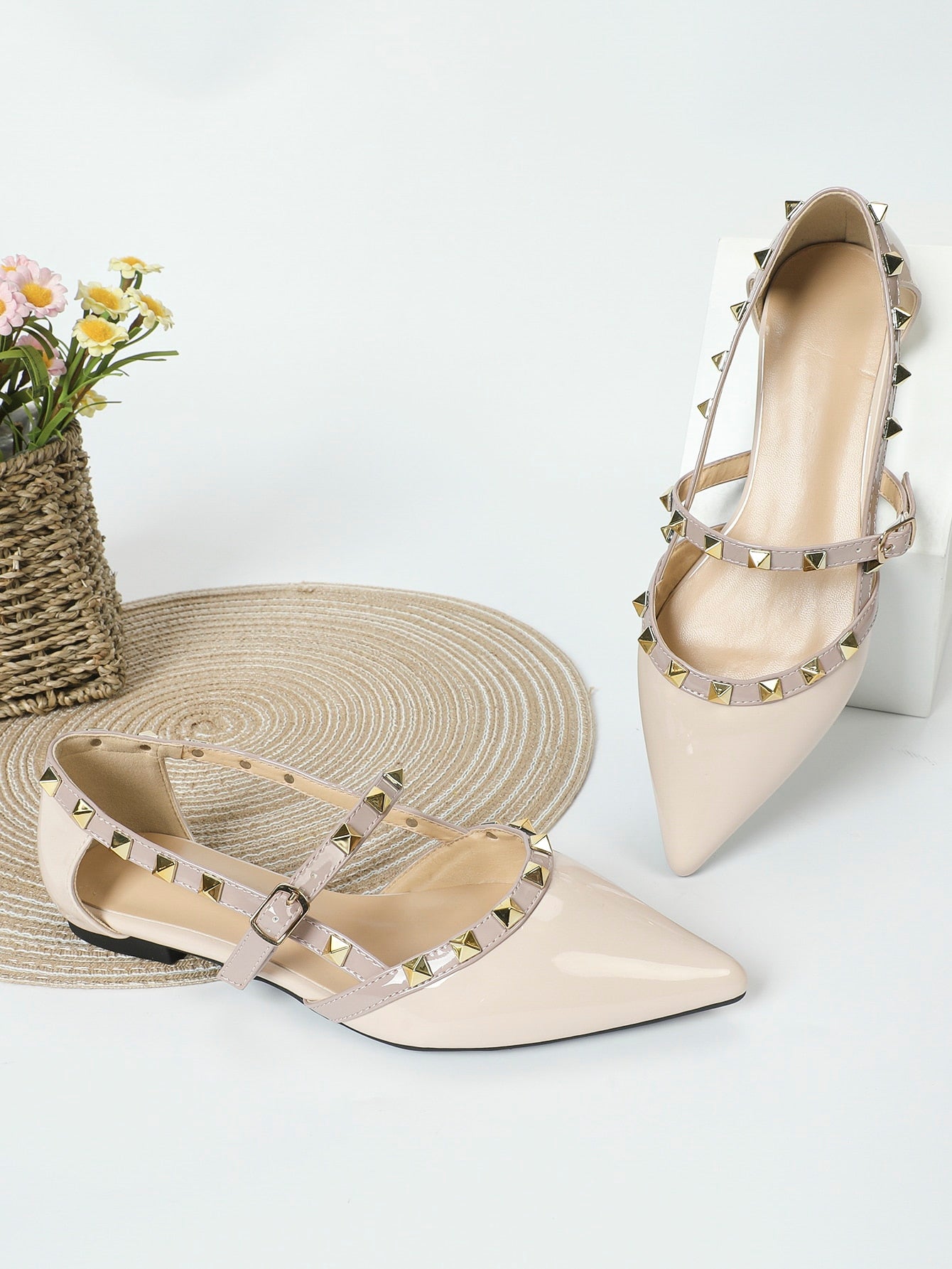 Studded Decor Point Toe Mary Jane Flats, Apricot Color Fashionable Studded Solid Color Women's Flat Shoes