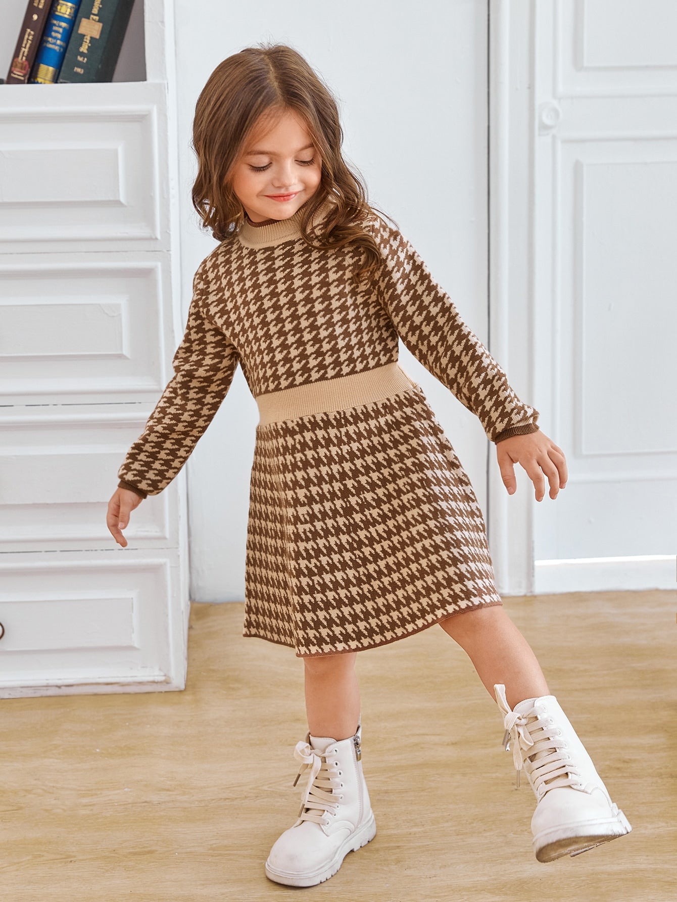 Young Girl Houndstooth Pattern Mock Neck Sweater Dress