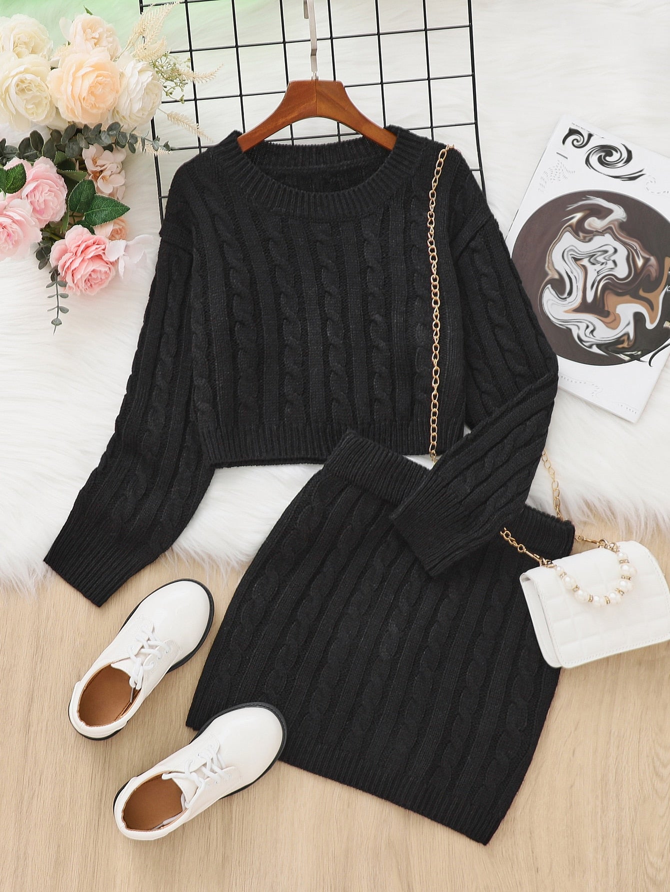 Tween Girl Cable Knit Drop Shoulder Sweater & Knit Skirt