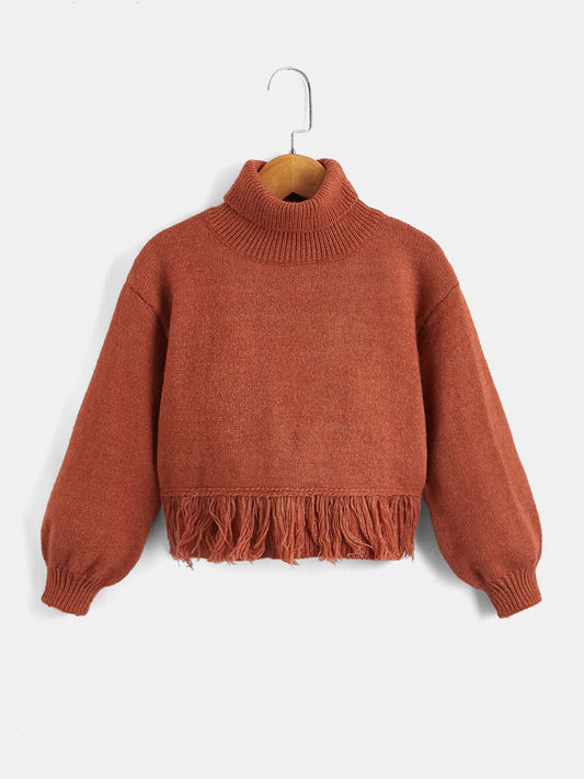 Young Girl Fringe Trim Turtle Neck Drop Shoulder Sweater