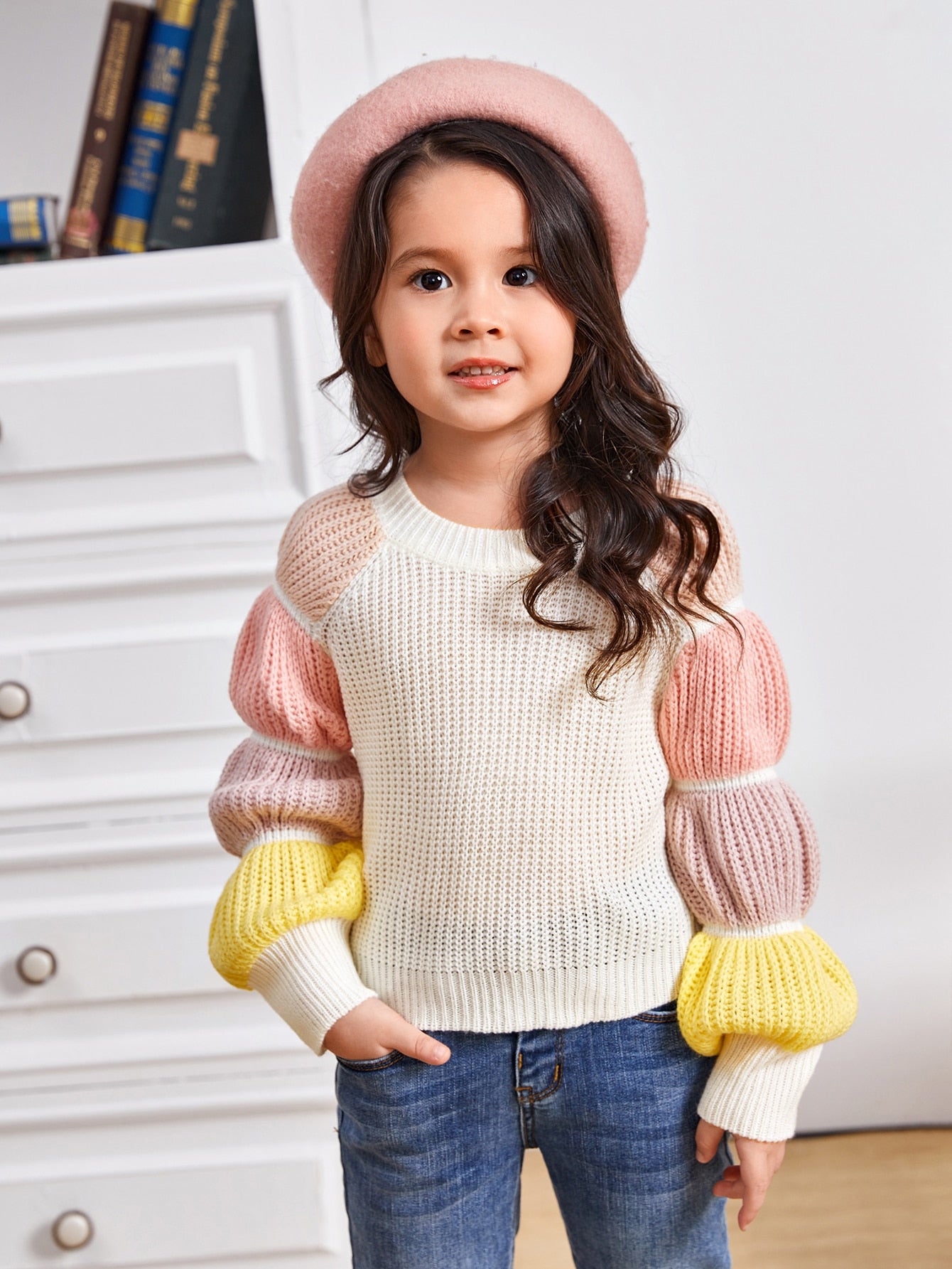 Young Girl Colorblock Gathered Sleeve Sweater