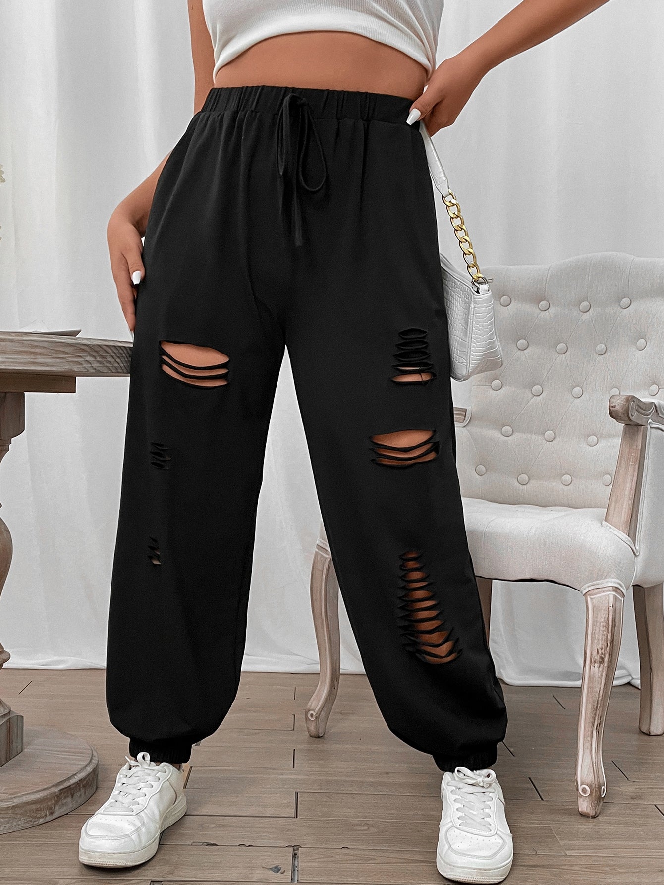 Coolane Plus Tie Waist Ripped Sweatpants