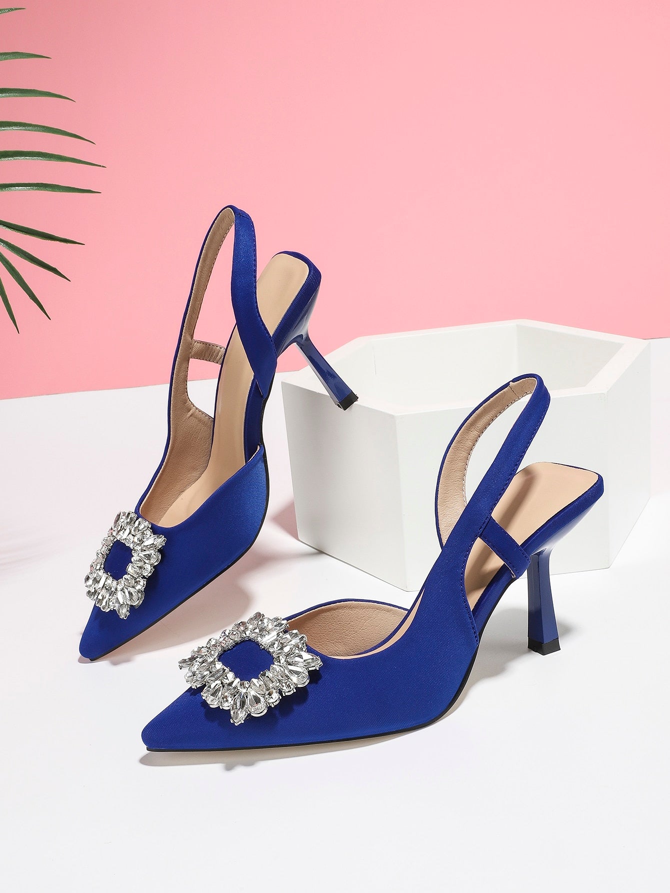 Rhinestone Decor Point Toe Pyramid Heeled Slingback Pumps, Royal Blue Party Rhinestone Stiletto Heel With Cutout Detail