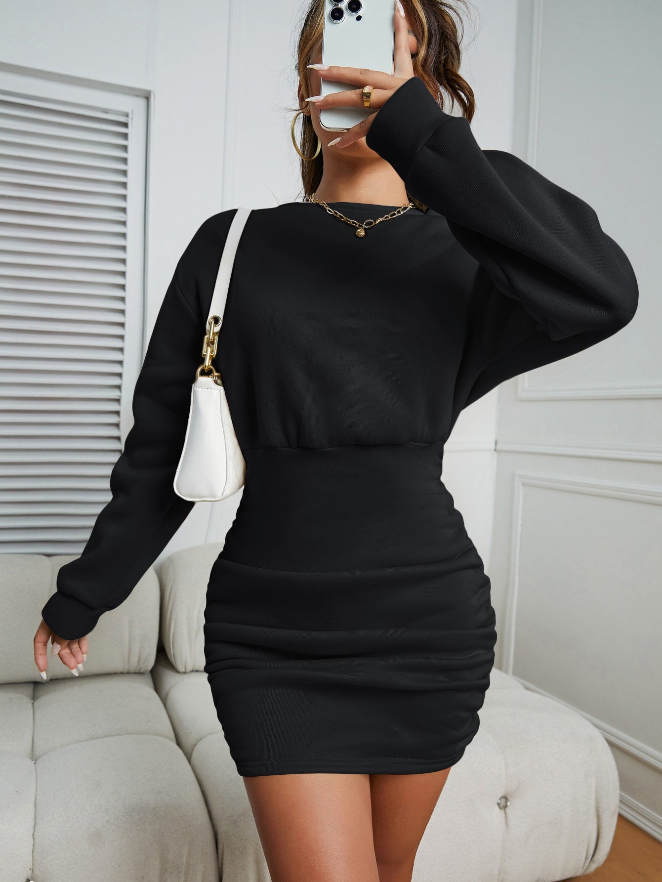 Solid Drop Shoulder Ruched Sweatshirt Dress