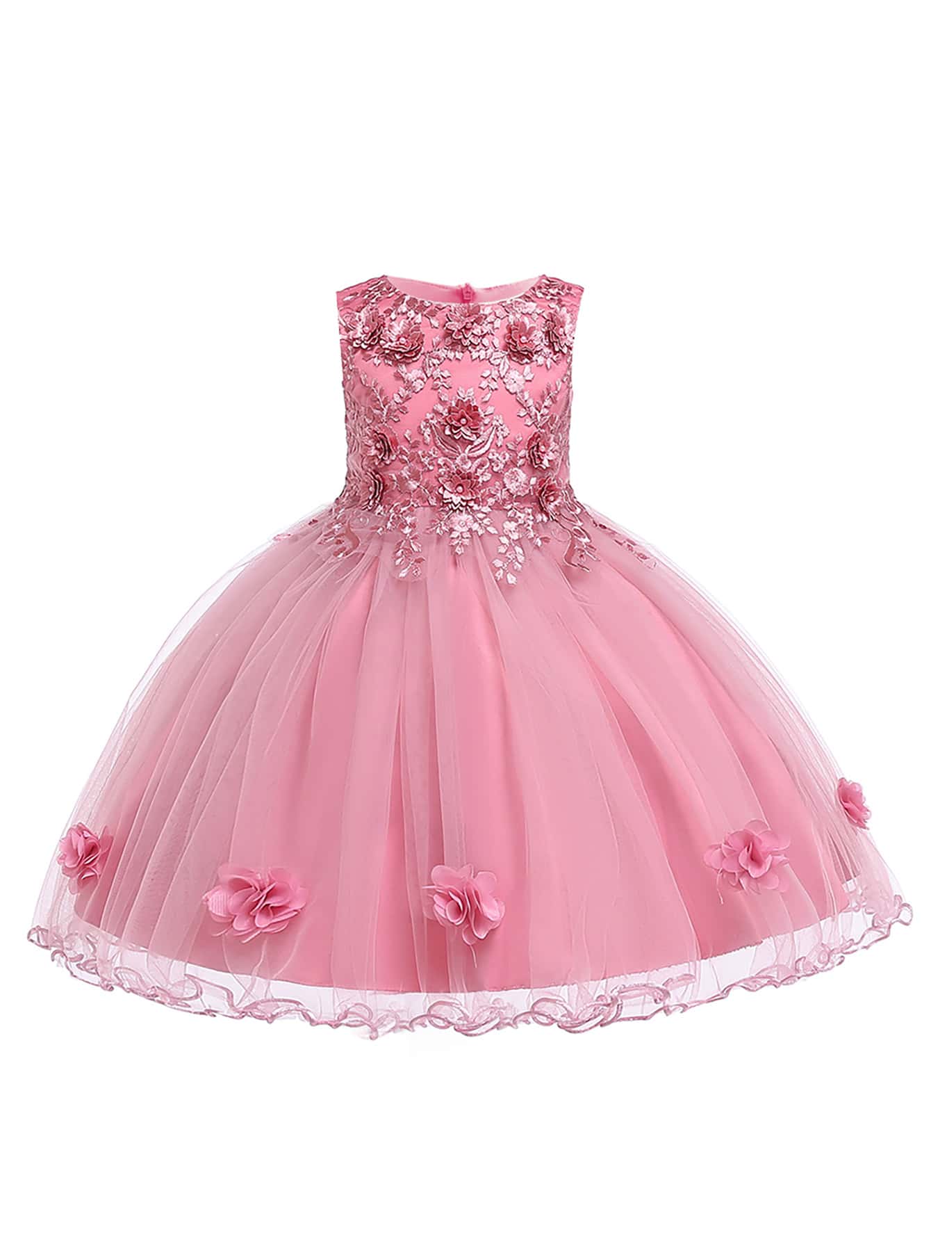 Tween Girl Formal Dress In Solid Color Net Tulle Satin With 3D Flower Decoration And Puffy Skirt, Perfect For Birthday Party Or Campus Performance