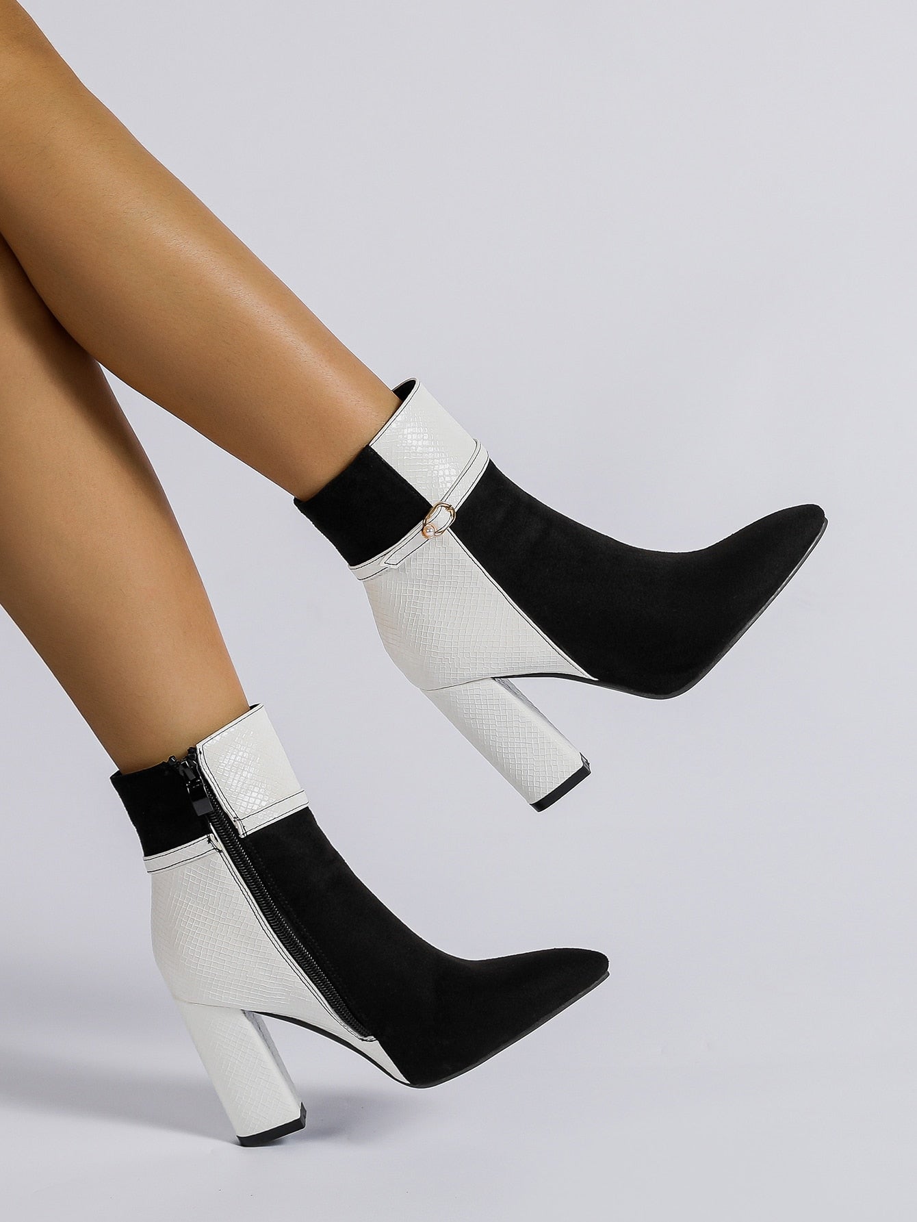 Geometric Embossed Two Tone Point Toe Chunky Heeled Classic Boots, Chunky Heel Black And White Contrast Color Elegant Buckle Decor Women's Fashion Boots