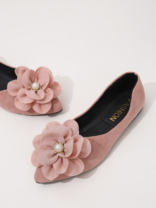 Faux Suede Flower Decor Point Toe Ballet Flats