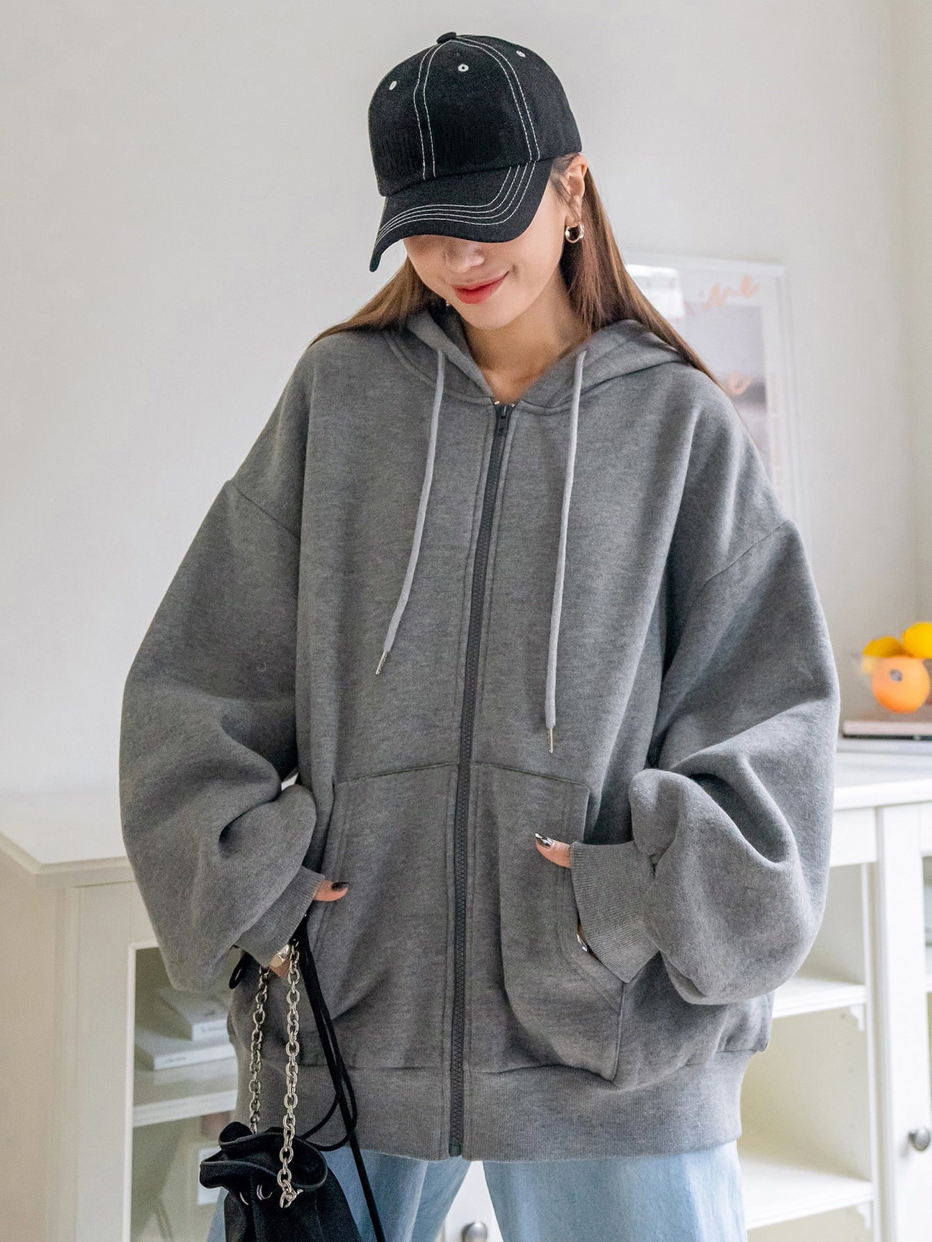 Zip Up Drop Shoulder Drawstring Thermal Lined Hoodie