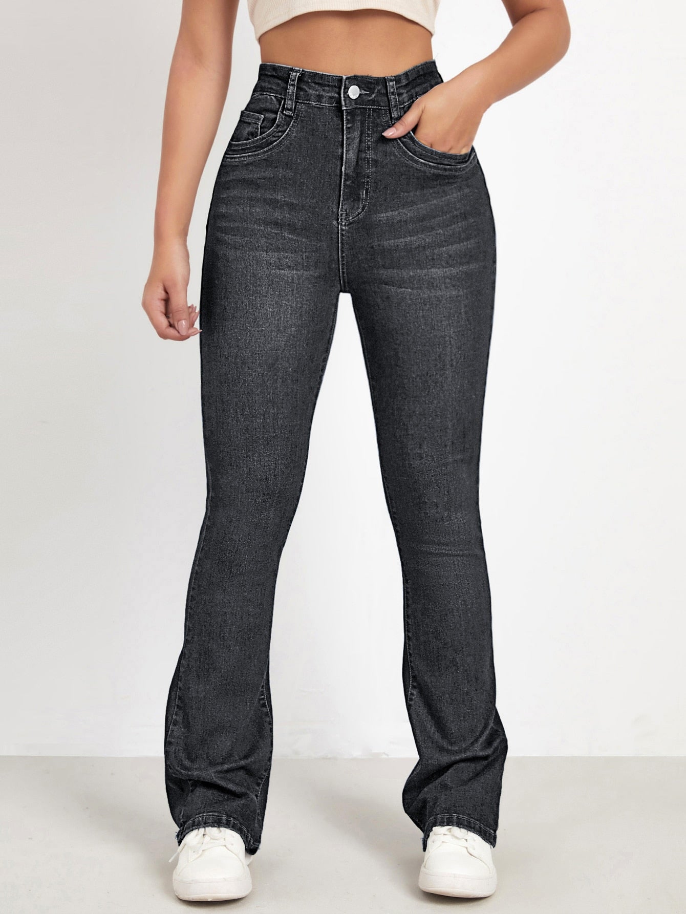 Washed Denim Blue High Waist Bleach Wash Flare Leg Jeans