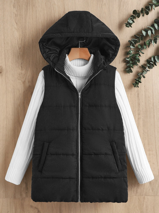 Tween Girl Slant Pockets Hooded Vest Puffer Coat