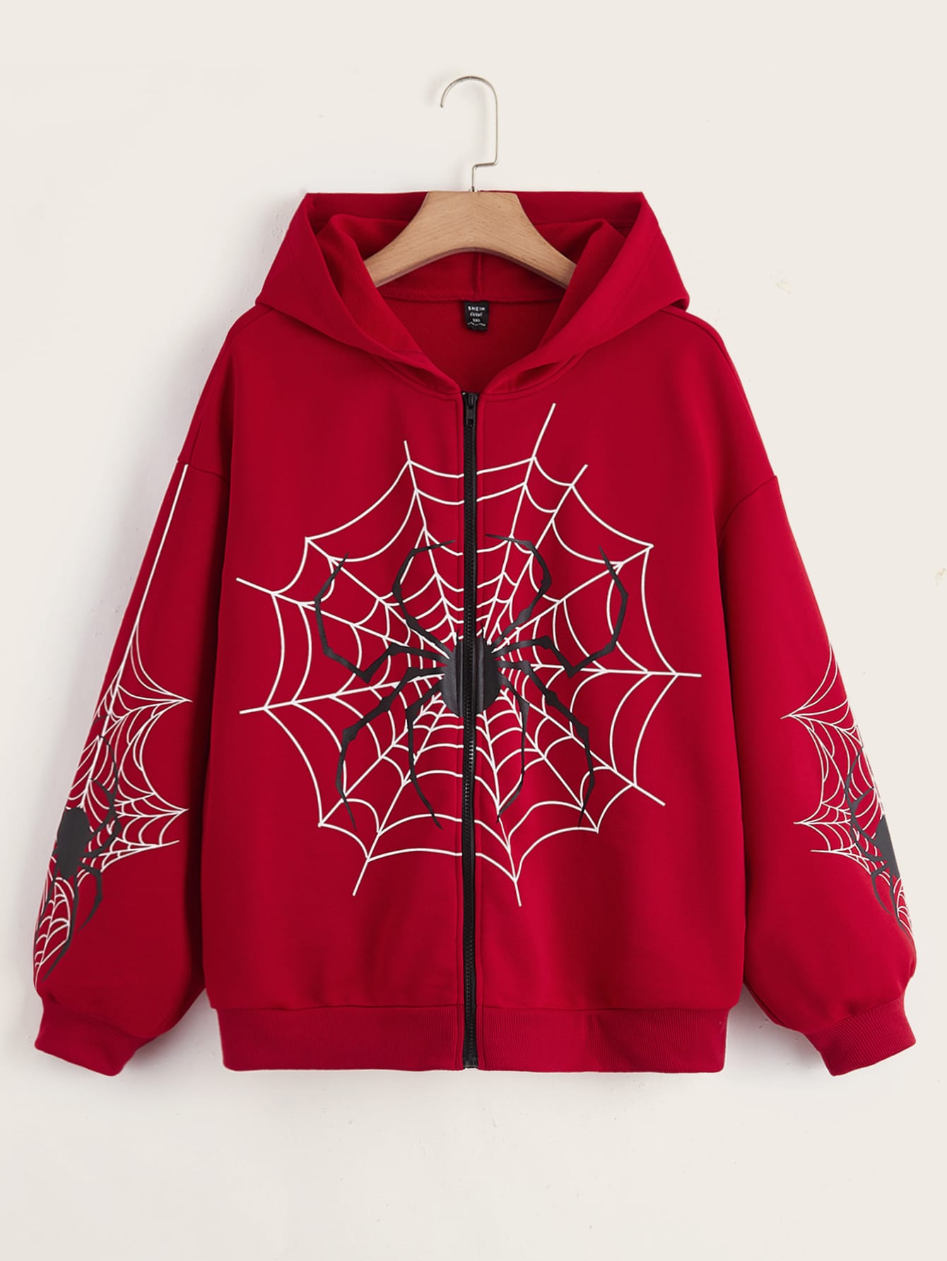 Plus Spider Web Print Zip Up Drop Shoulder Hoodie