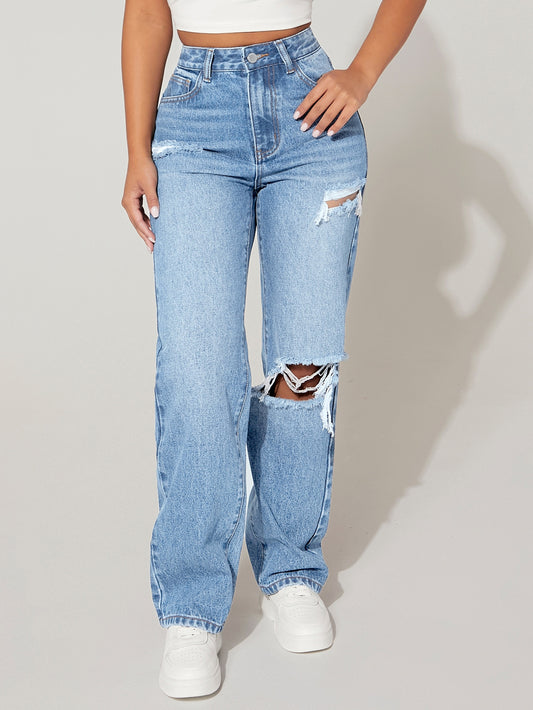 PETITE High Waist Cut Out Ripped Frayed Straight Leg Jeans