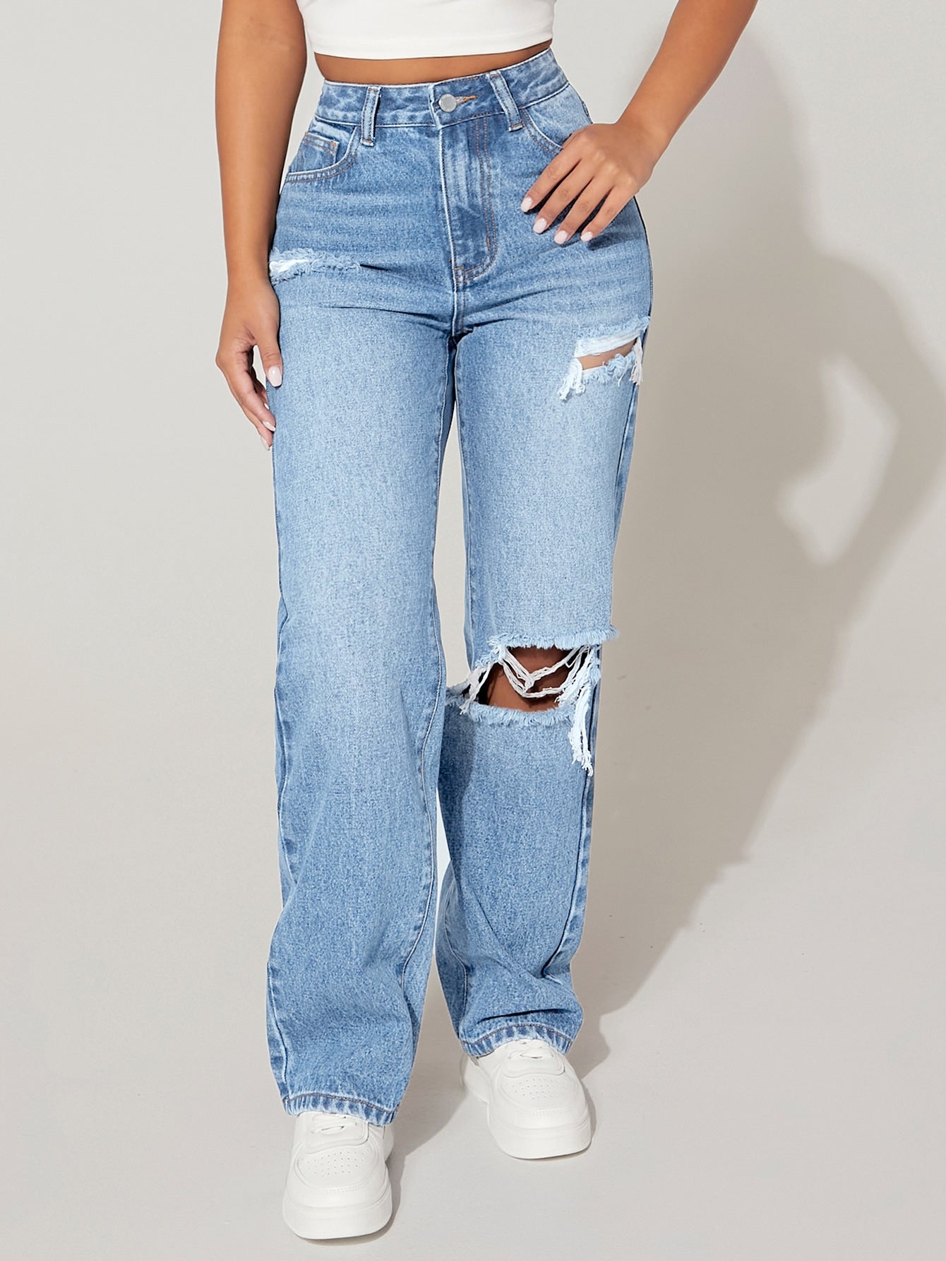 High Waist Cut Out Ripped Frayed Straight Leg Jeans