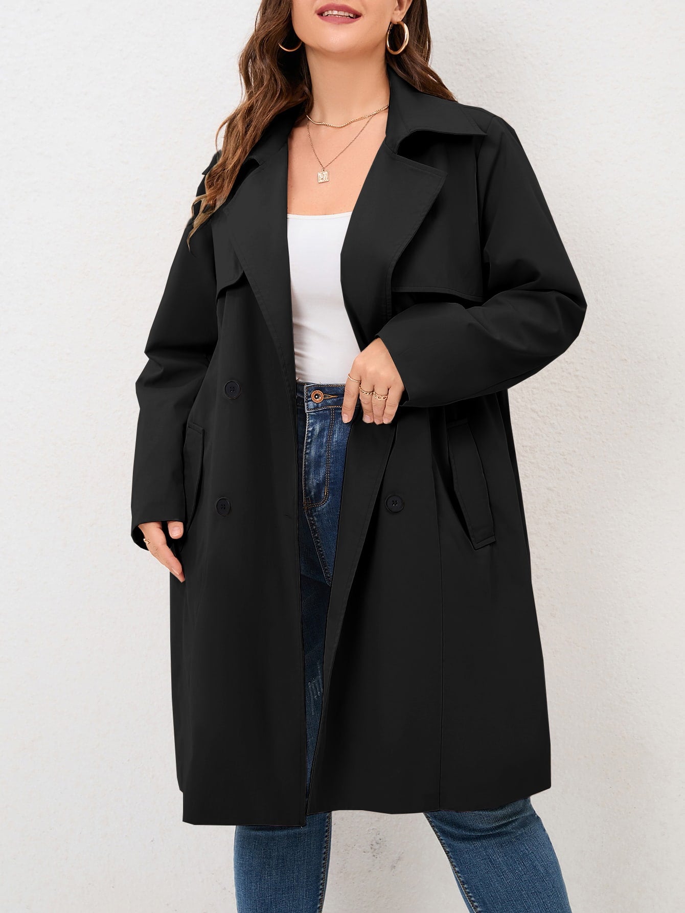 Plus Lapel Neck Double Breasted Belted Trench Coat