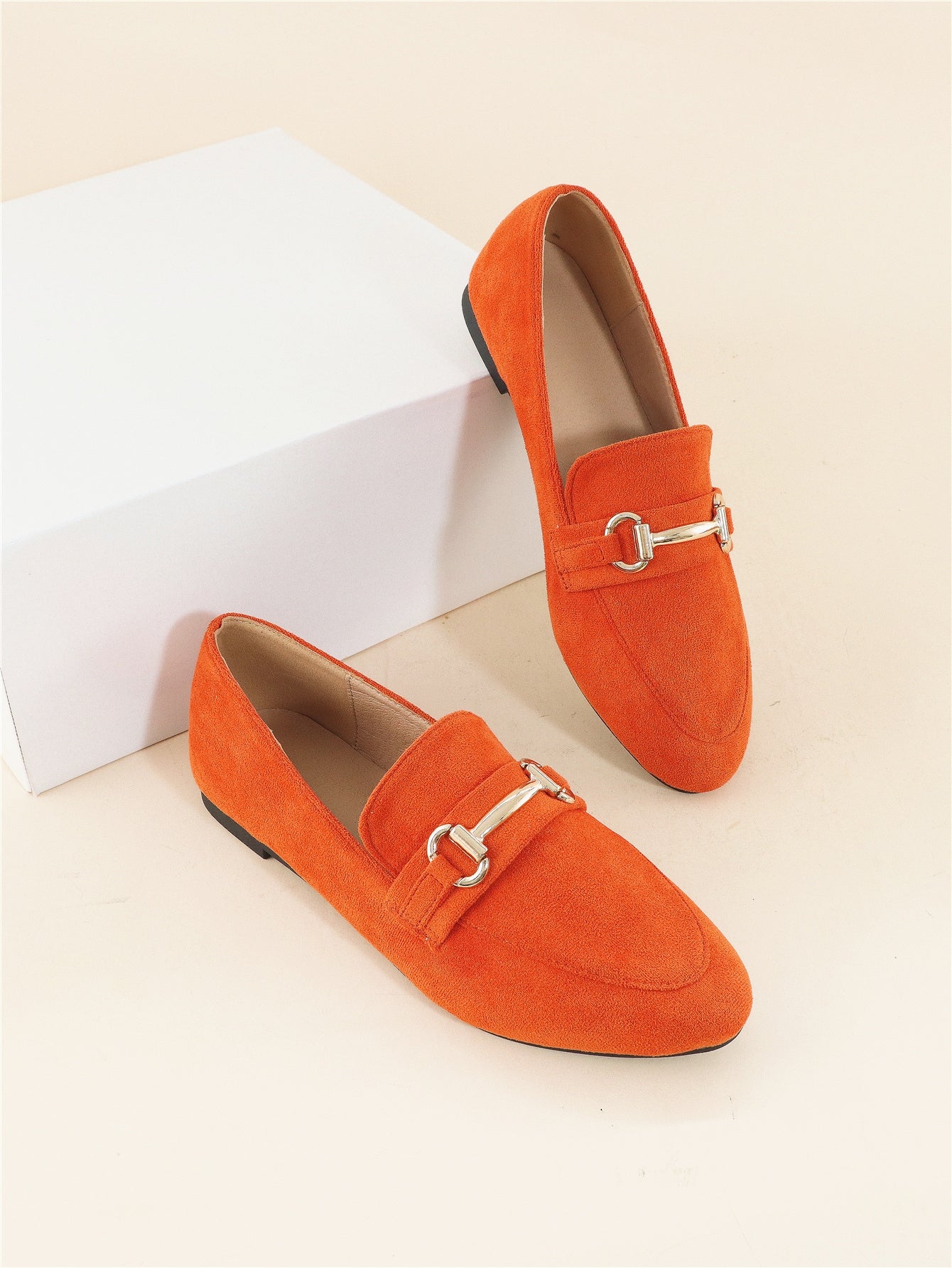 Women's Orange Forward-looking Plain Loafers With Metallic Detailing, Faux Suede Upper And Flat Heels