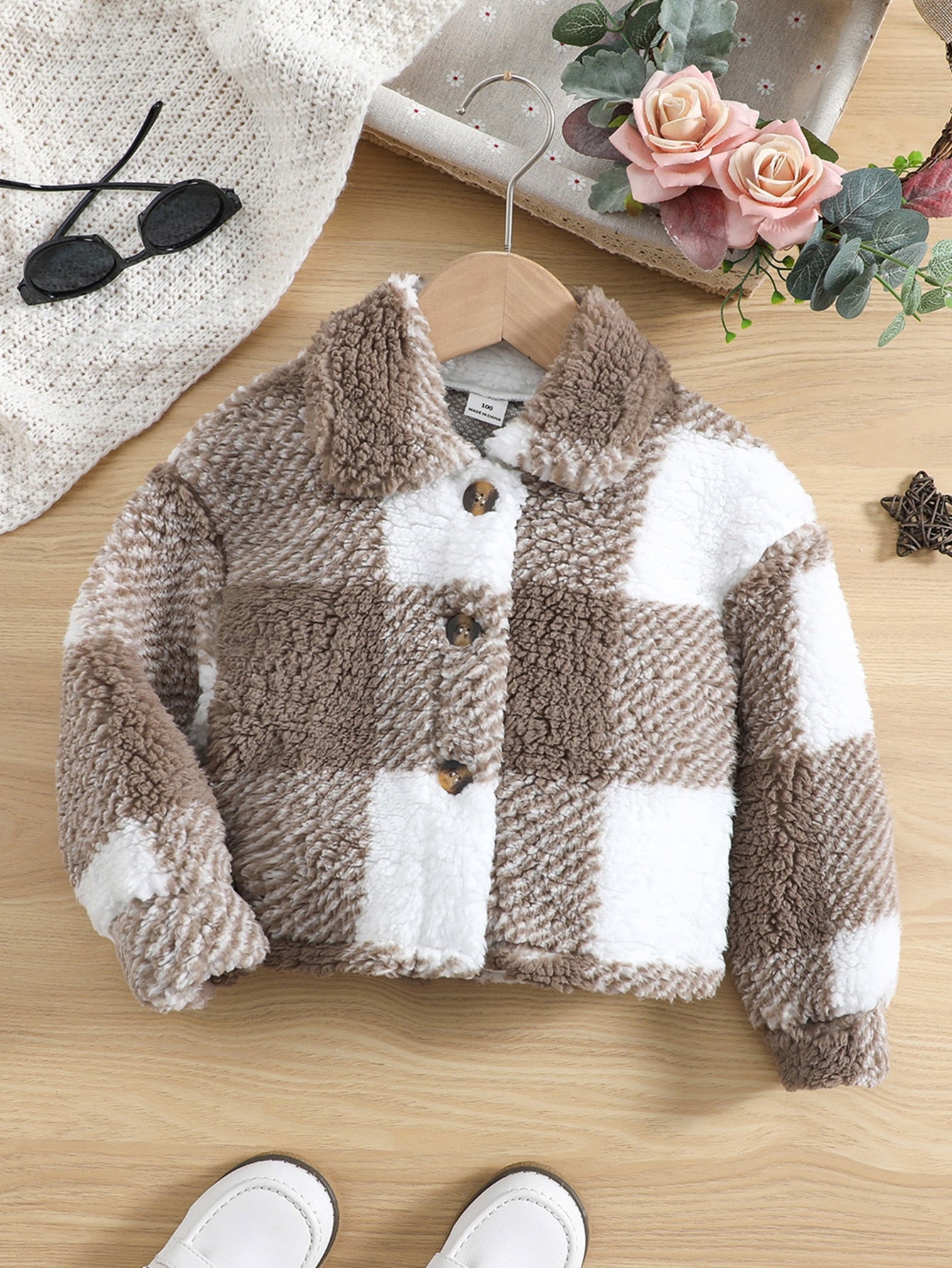 Young Girl Buffalo Plaid Print Drop Shoulder Teddy Jacket