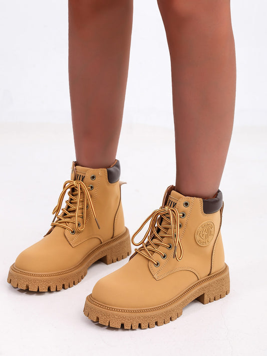 Unisex Boots With Letter Patch Decoration, Lace-up Combat Boots Front Zipper