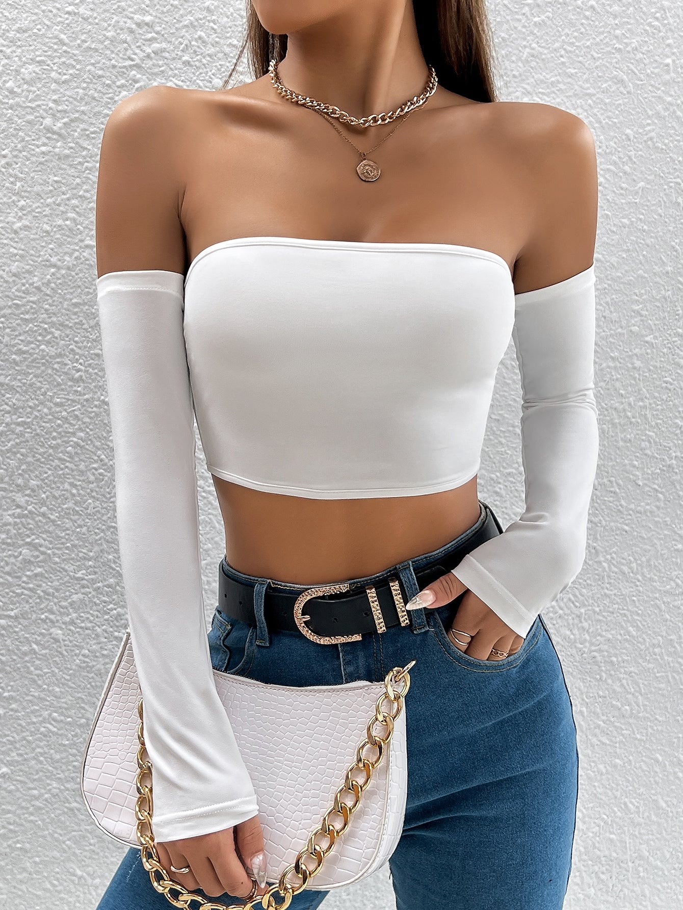 Solid Off Shoulder Crop Off Shoulder Top