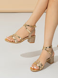 Women Metallic Detail Chunky Heeled Ankle Strap Sandals, Glamorous Summer Heeled Glitter Sandals