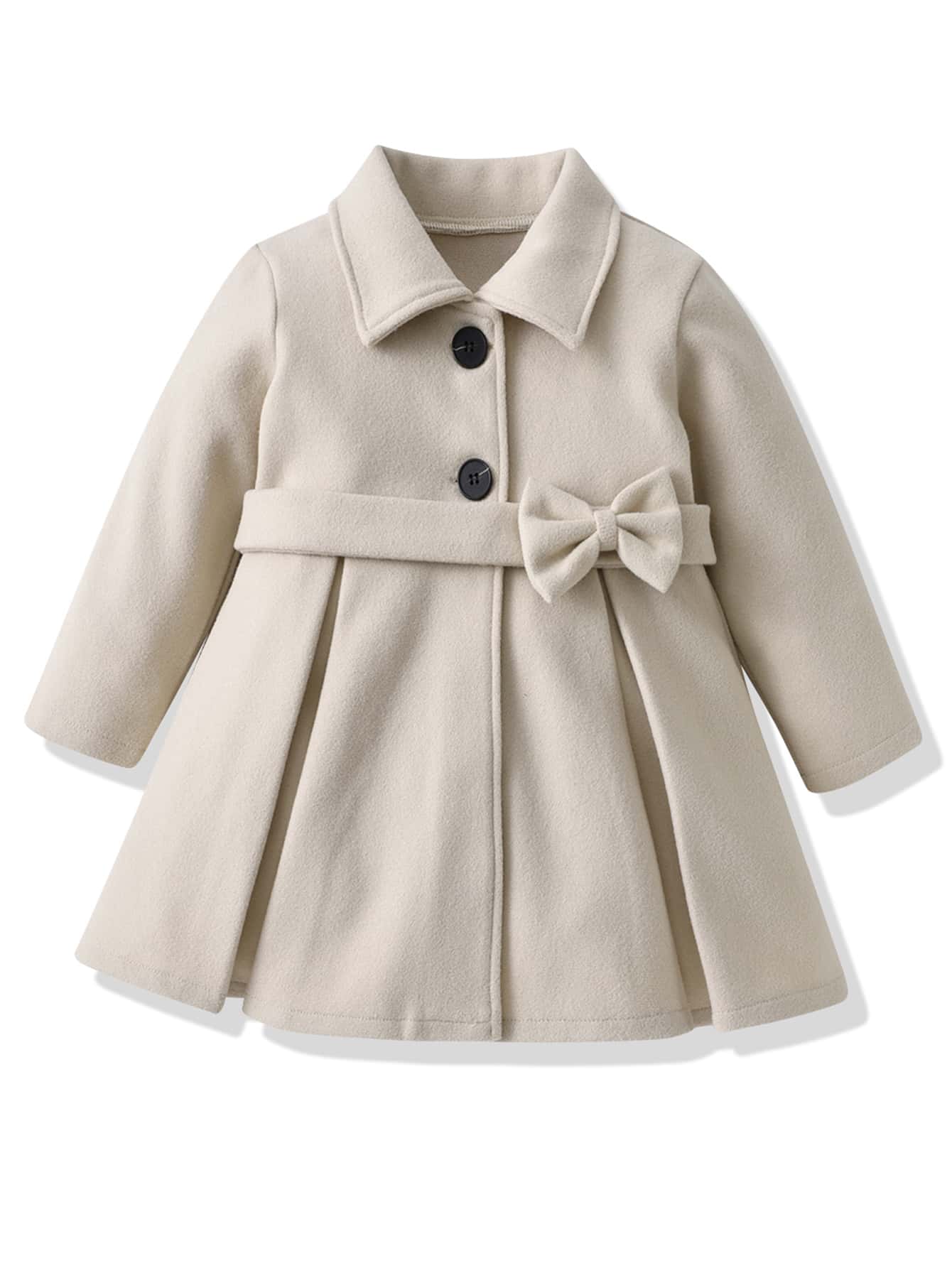 Toddler Girls Bow Fold Pleated Hem Belted Overcoat