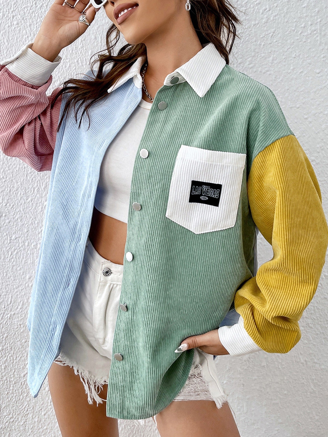 Colorblock Drop Shoulder Letter Patched Corduroy Coat