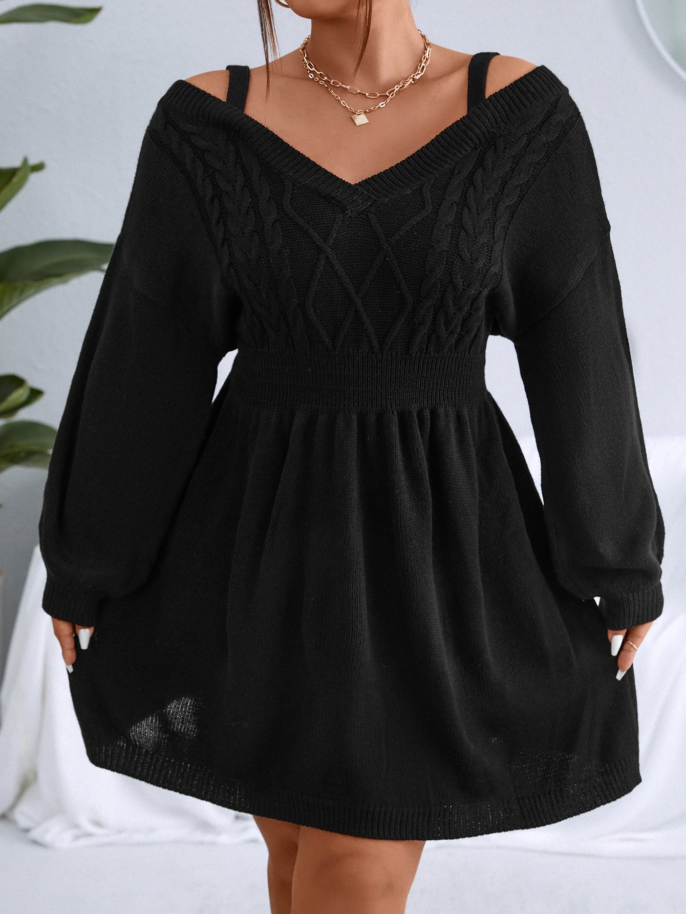 Plus Cable Knit Cold Shoulder Sweater Dress