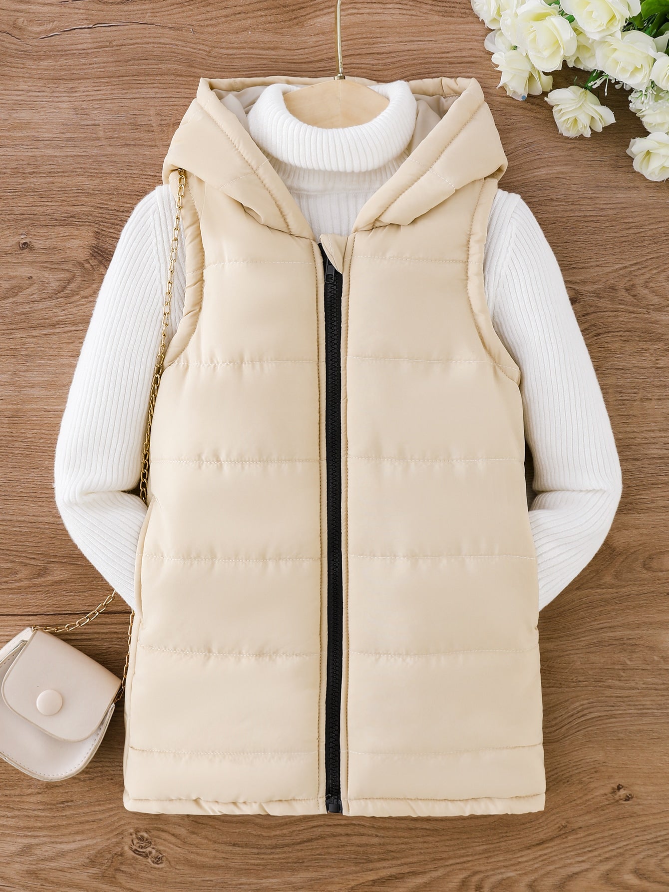 Young Girl 1pc Zipper Hooded Vest Puffer Coat