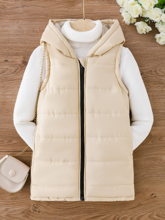 Young Girl 1pc Zipper Hooded Vest Puffer Coat