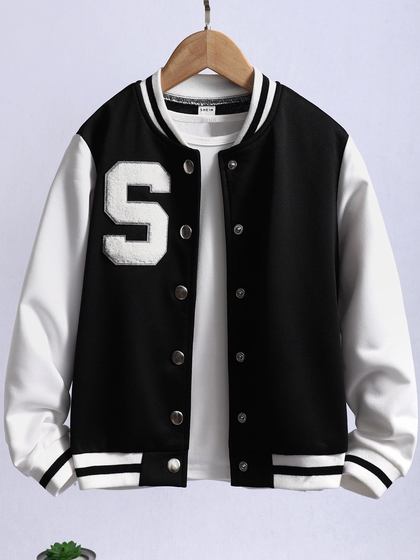 Tween Girls' Solid Color Patchwork Front Button Long Sleeve Letter Varsity Jacket, Casual Daily Wear