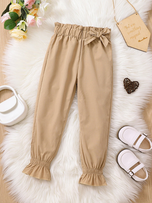 Young Girl Paperbag Waist Bow Front Ruffle Hem Pants