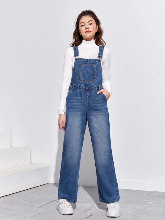 Teen Girls Patched Pocket Denim Overalls