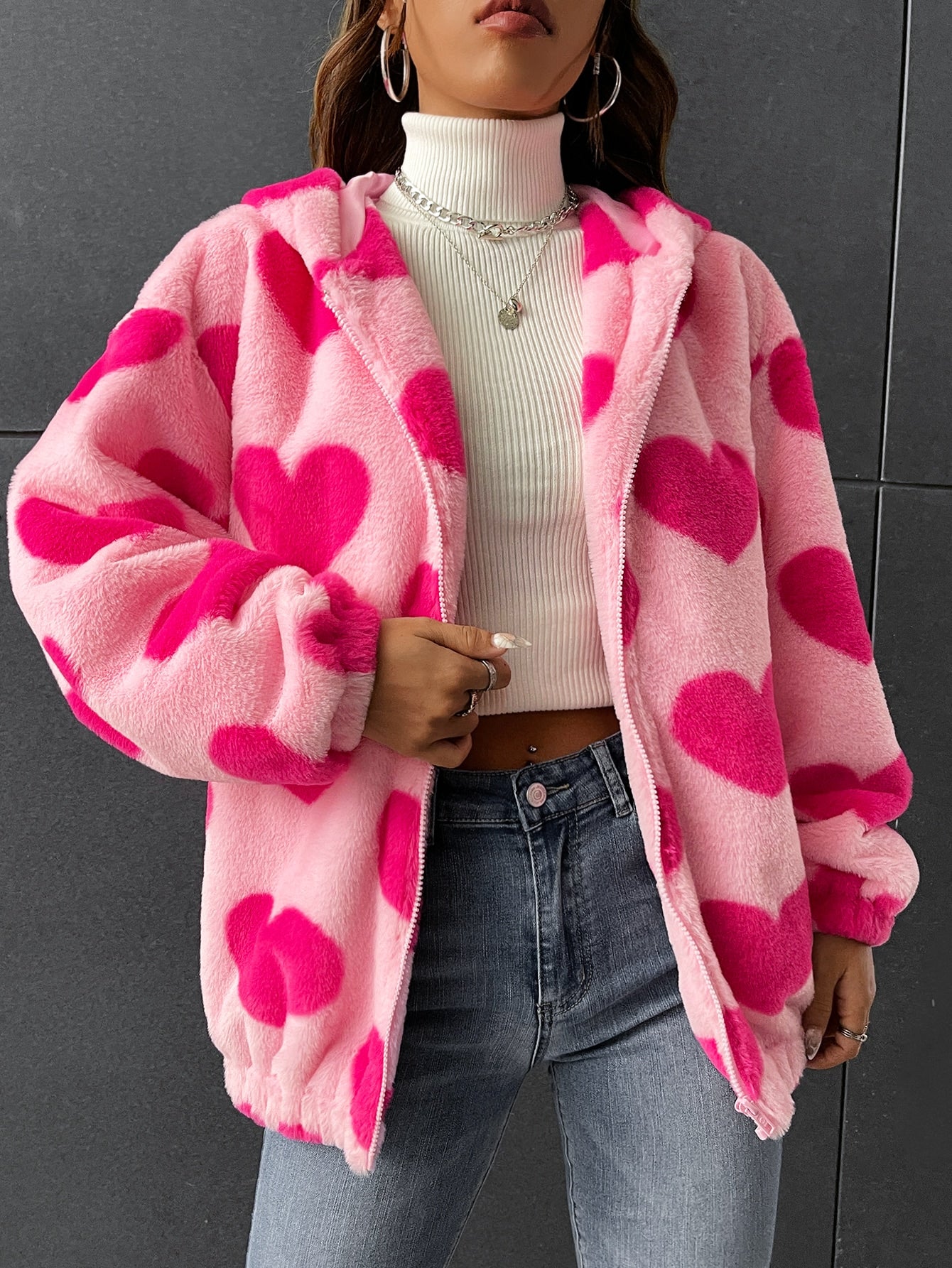 Pink Heart Pattern Drop Shoulder Zipper Hooded Teddy Comfortable Plush Jacket