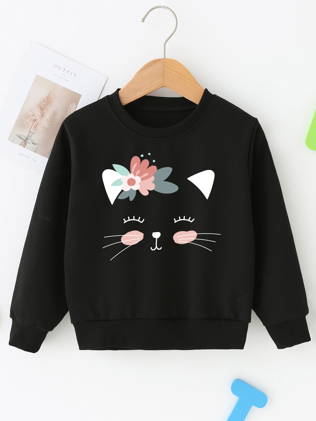 Young Girl Casual Cute Flower & Kitten Pattern Printed Pullover Sweatshirt With Round Neck