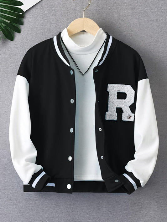 Tween Girl Letter Patched Striped Trim Drop Shoulder Varsity Jacket