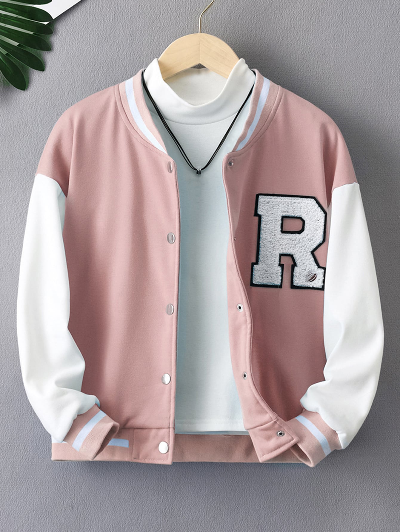 Tween Girl Colorblock Baseball Collar Jacket With Letter Patch Casual Long Sleeve Outwear