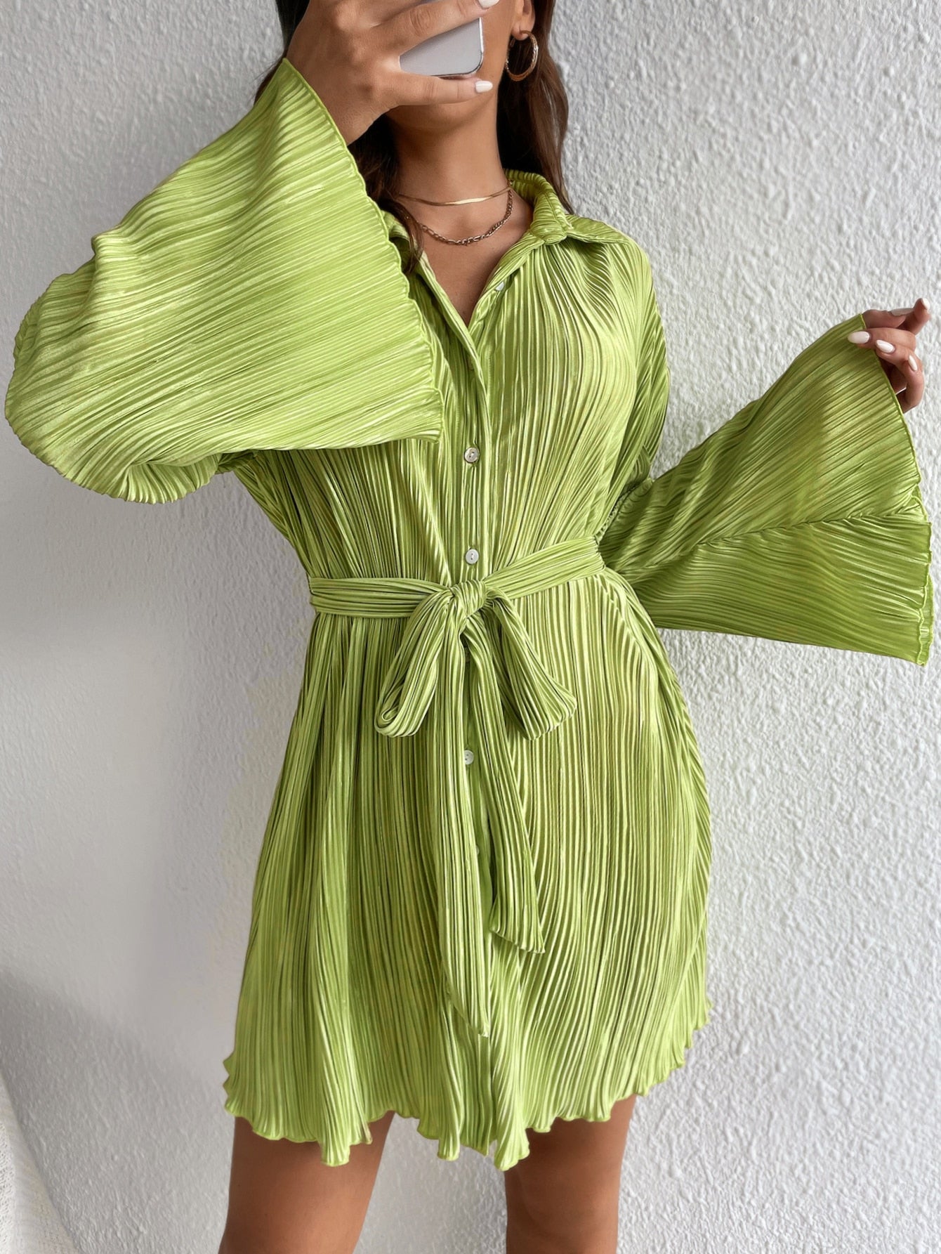 Tall Flounce Sleeve Lettuce Trim Plisse Belted Shirt Dress