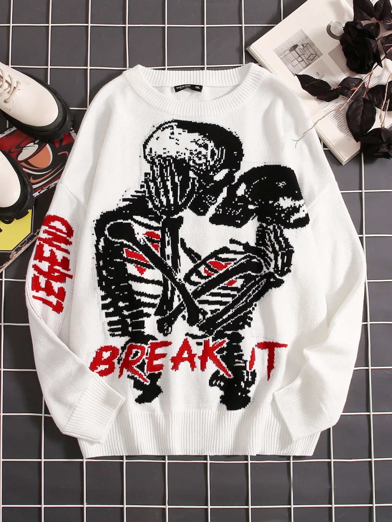 Plus Skeleton & Letter Pattern Drop Shoulder Sweater