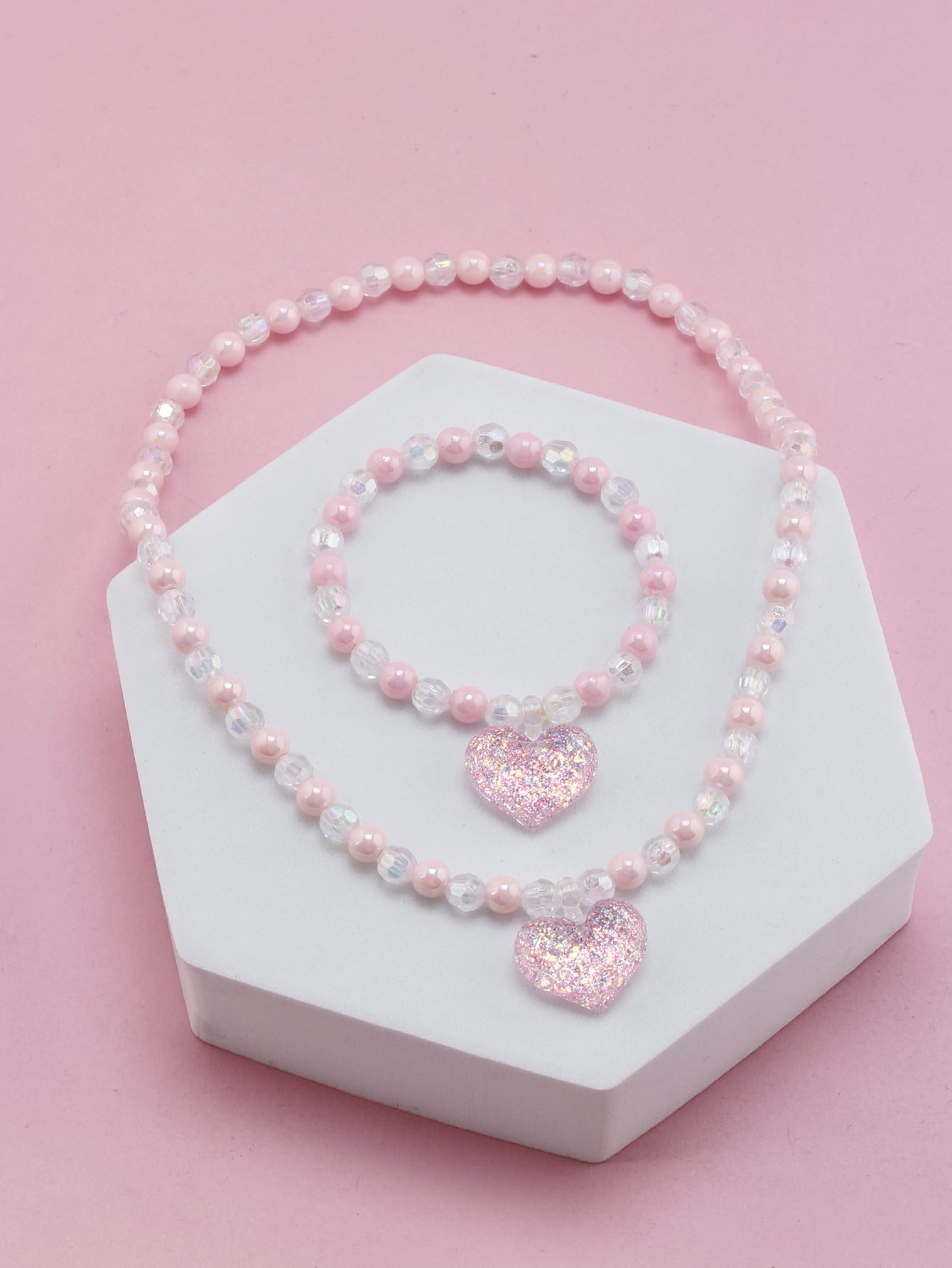 Girls Heart Charm Beaded Necklace & Bracelet