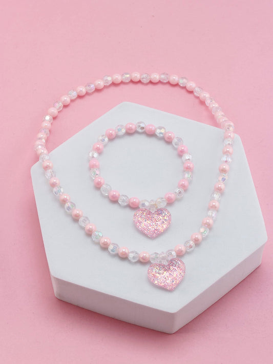 Girls Heart Charm Beaded Necklace & Bracelet