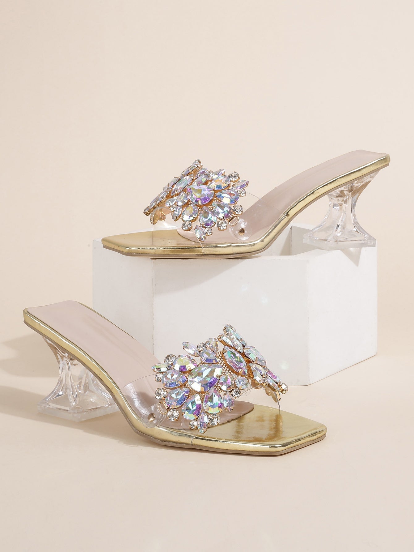 Rhinestone Decor Clear Band Sculptural Heeled Mule Sandals, Blue Party Crystal Detail Solid Color Mules Heels