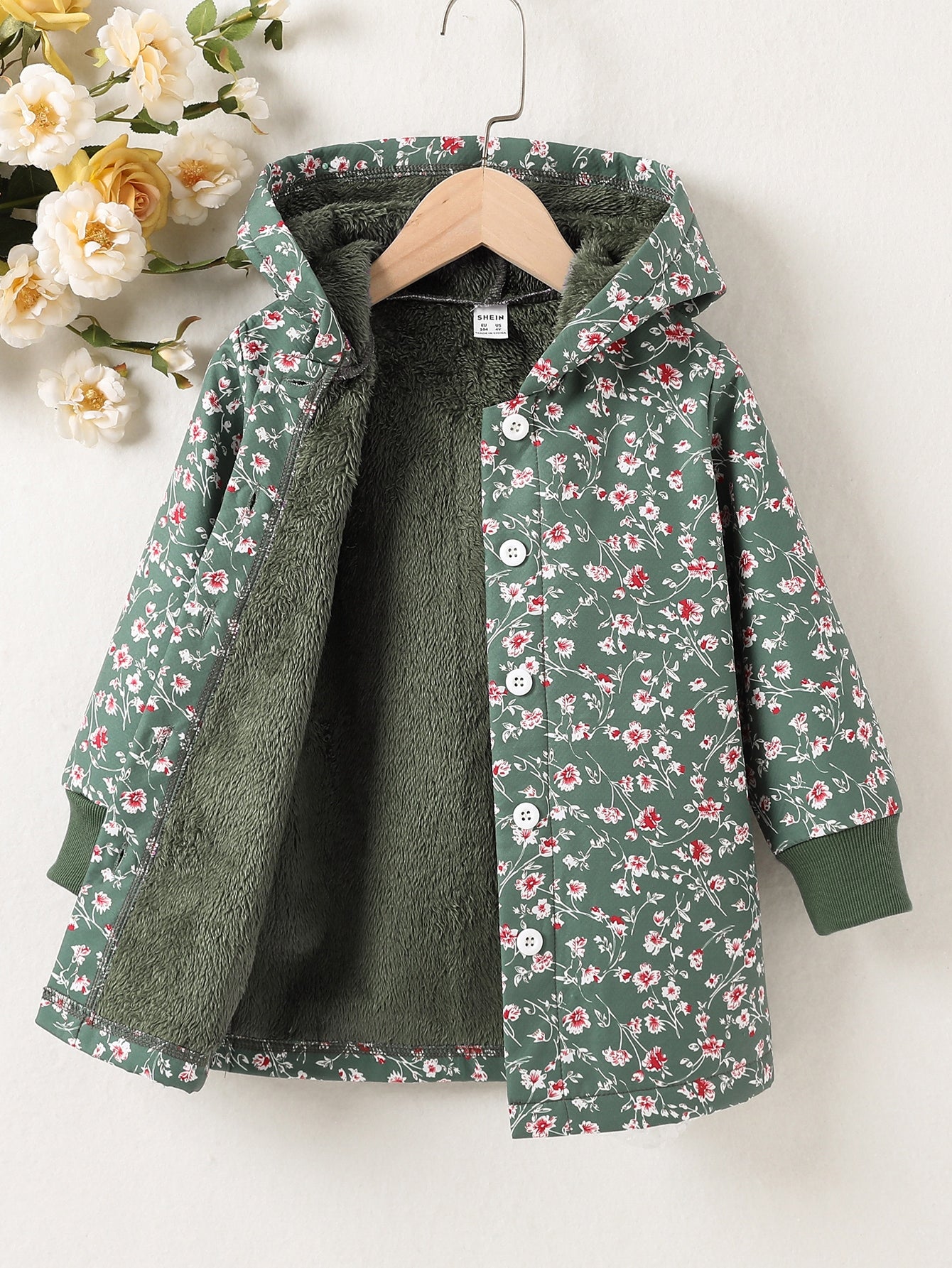 Young Girl Floral Print Teddy Lined Hooded Coat